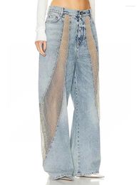 Women's Jeans Designer Laser Diamond Embellished Mesh Sexy Loose 2024 Summer Fashion All-match Wide-leg Pants