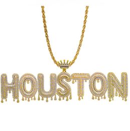 Hip Hop Custom Name Necklace Sparkling Crown Drip Letter Pendant Tennis Chain Necklace For Men Women Gold Silver4991405