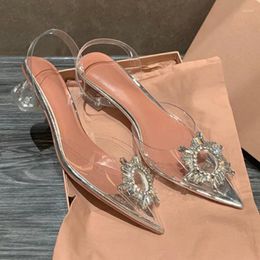 Casual Shoes INS Elegant Woman Heeled Back Strap Crystal Women Shallow Sandals Pointed Toe Chunky Heels Sexy Chaussures Femme