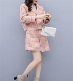 Suits Women Autumn Winter Elegant Vintage Plaid Blazer Coat Tops and Pink Mini Skirt 2 Two Piece Set Ladies Clothes9458687