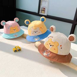 Caps Hats Korean Bear Baby Bucket Hat Cute Cartoon Ears Kids Fisherman Cap Spring Summer Wide Brim Kids Panama Sun Hats Y240517