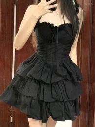 Casual Dresses Black Cute Ruffles Dress Gothic Hrajuku Goth Lolita Kawaii Soft Girl Y2k Fashion Spaghetti Straps Cake Party Short