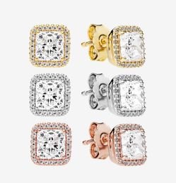 Square Sparkle Halo Stud Earrings Rose gold Yellow gold plated CZ diamond Jewelry for 925 Silver Earring with Original box2606326