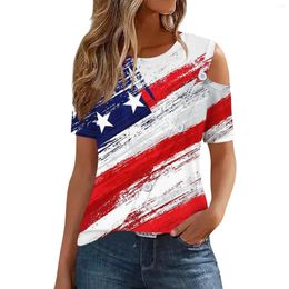 Women's T Shirts Shirt Tee Independence Day Print Button Cold Shoulder Short Sleeve Daily Weekend Fashion Round Neck Regular Topjapane