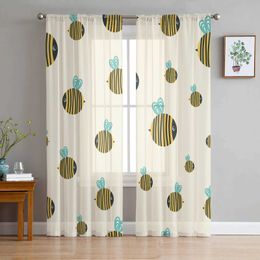 Window Treatments# Bee Yellow Blue Round Stripes Heart Tulle Curtains for Living Room Kitchen Bedroom Sheer Tulle for Cafe Hotel Modern Home Decor Y240517
