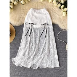 Fashion Sweet Spicy Style Bow Decoration Solid Colour Lace Midi Skirts Summer Women Sexy Mesh White Aline Skrits 240516