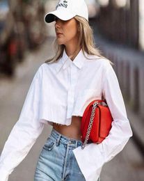 White Sexy Crop Top Long Sleeve Women Blouse Shirt Cotton Solid Asymmetrical Hem Casual Top Female Blouse Button Bown 2104179607743