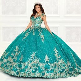 Emerald Green Shiny Quinceanera Dresses Gold Lace Floral Applique Beads Tull Ball Gown Vestidos de 15 anos Sweet 16 Dresses