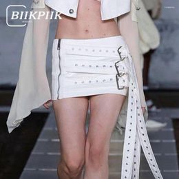 Skirts BIIKPIIK Ribbon Leather Mini Sexy White Zipper Belts Low Waisted Women PU Skirt Fashion Unique Bottom Clothing Runway Y2K