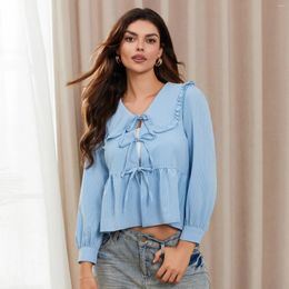 Women's Blouses Puloru Chic Striped Puff Sleeve Bow Tie-Up Front Peplum Shirts Elegant Ruffles Perter Pan Collar Loose Cropped Blouse Tops