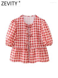 Women's Blouses Zevity 2024 Women Fashion O Neck Puff Sleeve Plaid Print Casual Smock Blouse Female Chic Lace Up Ruffles Shirt Blusas Tops