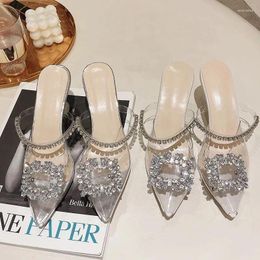 Slippers Comemore 2024 Fashion Pointed Toe Crystal Transparent Women's High Heels Summer Casual Pumps Ladies Shoes Women