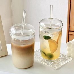 Wine Glasses 375/500/600ml Glass Cups Transparent With Dome Lid And Straw Ice Coffee Mug Tea Cup Juice Milk Water Drinkware