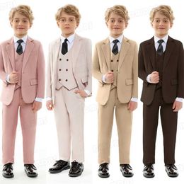 Suits Solid Boys Formal Suit Set Classy One Button Closure Kids Tuxedo 4 Piece (Jacket+Vest+Pants+Tie) Birthday Wedding Ring Bearer Y240516