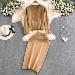 Work Dresses Fashion Autumn Winter Knitted 2 Piece Set Women O Neck Single Breasted Glitter Sweater Cardigan Bodycon Midi Skirt Suits