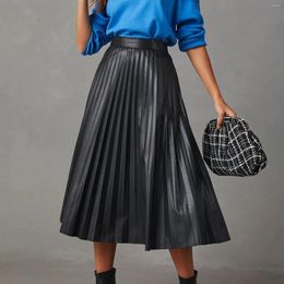 Skirts Womens Y2k Fashion Hippie Half Dress Korean Style Pleated Punk Leather Skirt A-LINE Lady High Waist Black Dresses 2024