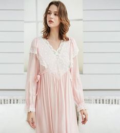 Gentlewoman Nightgown Vintage Lace Cotton Nightgown Women Elegant White Sleepwear Dress Long sleeved Nightdress Pink Ladies Y200421438077