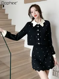 Work Dresses Beautiful Socialite Woman Skirt Suit 2024 Spring And Autumn Temperament Rhinestone Long Sleeve Coat Skirts Two-Piece Set