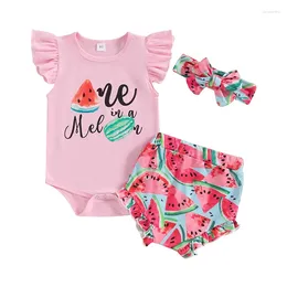 Clothing Sets Baby Girl Watermelon Print Summer Clothes Set Letter Romper Frill Trim Shorts Headband Infant Toddler Birthday Outfits