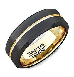 Fashion 8mm Black Tungsten Carbide Ring Gold Groove Matte Brushed Surface Bevelled Edge Mens Wedding Band Comfort Fit203L3562624