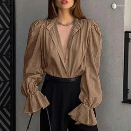 Women's Blouses Fashion Loose Ruffles Autumn Lace Blouse Stand Collar Jacquard Chiffon Women Shirt Elegant Simple Long Sleeve Tops 30325