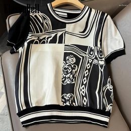 Women's T Shirts 5.7 KlasonBell Silk Contrast Colour Print Spliced Jacquard Knitwear Top For Women Short Sleeve Comfortable T-Shirt