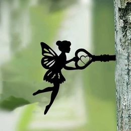 Decorative Objects Figurines CIFUY Angel on Branch Steel Silhouette Metal Wall Art Home Garden Courtyard Statue Pile Decoration Perfect Birthday H240516