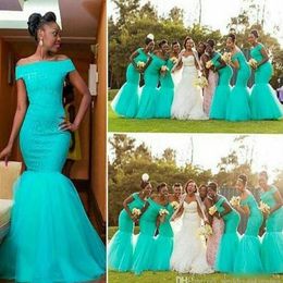 African Bateau Neck Tulle Mermaid Long Bridesmaid Dresses Lace Top Floor Length Formal Gowns Wedding Guest Maid Of Honour Dress BM0180 297g