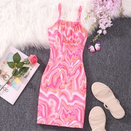 2024 Big Girl Hip Wrap Dress Camisole Children Sheath dresses 8 9 10 11 12 Years Old Summer Pink Cute Ripple Kids Girls Clothes L2405