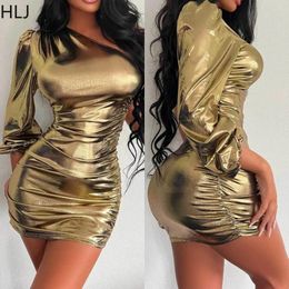 Casual Dresses HLJ Gold Sexy Shiny Ruched Design Bodycon Mini Women One Shoulder Long Sleeve Slim Vestidos Female Party Club Clothing