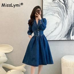 Casual Dresses French Vintage Party Jean Dress Women Clothes Autumn 2024 Notched Collar Long Sleeve Elastic High Waist Backless Denim