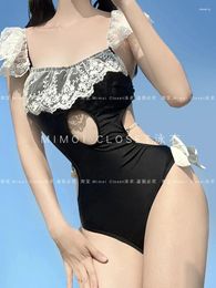 Women's Swimwear Summer Black Cut-out Square Collar Sleeveless One-Piece Swimsuit Pure Desire Fairy Girl Japanese Cute For Women