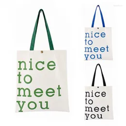 Shopping Bags Women Shoulder Canvas Tote Bag Reusable Cotton Fabric Handbag For Ladies 2024 Summer Nice To Meet You Letters Print