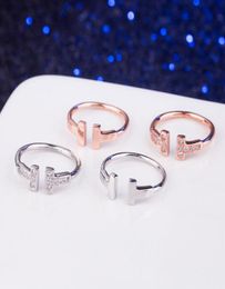 Real 925 Sterling Silver CZ Diamond wedding RING double T ring Jewelry ring for woman lover rings rose gold and silver color8636332