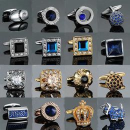 Cuff Links New luxurious blue and white crystal mens cufflinks high-quality design gold and silver button shirt jewelry