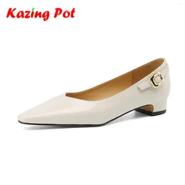 Dress Shoes Krazing Pot Cow Leather Square Toe Women Summer Buckle Decoration Low Heels Slip On Gorgeous Mary Janes Shallow Pumps