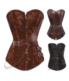 Women Vintage Steampunk Gothic Jacquard Overbust Corset Top with Chains and PU Leather Belts Accent S6XL Plus Size Brown Black7058484
