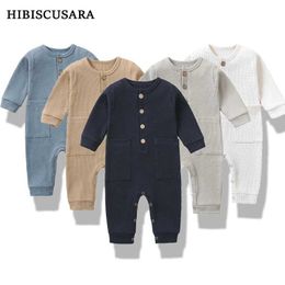Rompers Spring and autumn newborn baby jumpsuit pure cotton soft baby jumpsuit with pockets girls and boys long sleeved baby Pyjamas Wodden buttons d240516