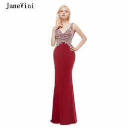 Party Dresses JaneVini Luxury Crystal Burgundy Mermaid Long Arabic Evening Sexy Deep V Neck Heavy Beading Backless Satin Formal Dress