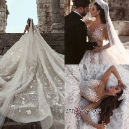 Dresses Luxurious Long Sleeve 2019 Designer Wedding Dresses Zipper Back Ball Gown Flowers Crystal Custom Made Bridal Gowns