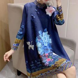 Casual Dresses Fashionable Standing Collar Printed Pleated Dress Oversized Slimming Loose Fit Women Clothing Vestidos Long