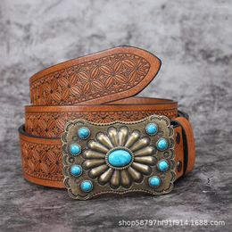 Belts Western Cowboy PU Leather Belt - Men Waist Strap Bull Decoration Floral Engraved For Jeans