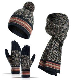 Unisex Winter 3pcs Pompom Beanie Hat Long Scarf Touch Screen Gloves Set Geometric Floral Jacquard Plush Lined Skull Cap3648138