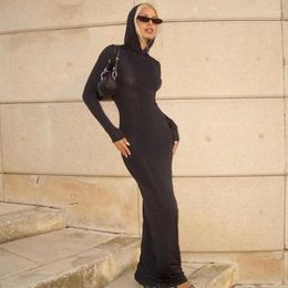 Casual Dresses Women Fashion Black Hooded Long Sleeve Slim Maxi Dress Autumn Winter Sexy Bodycon Streetwear