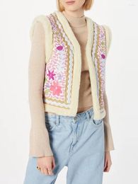 Women's Vests Women Vintage Floral Embroidered Vest Top Sleeveless V Neck Open Front Fleece Cardigan Y2k Boho Cropped Waistcoat