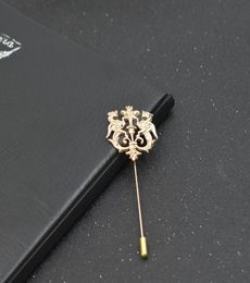 Whole Bronze Gold Silver Tone Classic Hollow Double Lion Lapel Pins For Men Suit Accessories Stick Brooch Pins Wedding Party 7182615