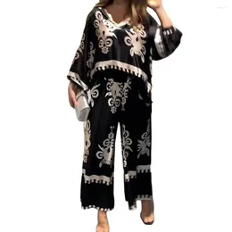 Women's Two Piece Pants Summer Women Clothes Retro Print Top Set With Irregular Design Long Sleeve Blouse Wide Leg Trousers High For Daily