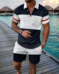 Simple Color Pattern Print Mens Tracksuit Summer Casual Zipper Collar Polo Shirt And Shorts 2pcs Sets Trend Clothing Streetwear 240517