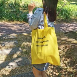 Shopping Bags Korean Ins Canvas Tote Bag Happiness Letters Shoulder Shopper Summer Large Capacity Simple Yellow Eco Handbag