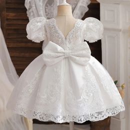 Baby Bow Birthday Princess Dress Elegant Girl Embroidery Flower Beaded White Baptism Tutu Gown Kids Formal Evening Party Costume 240514